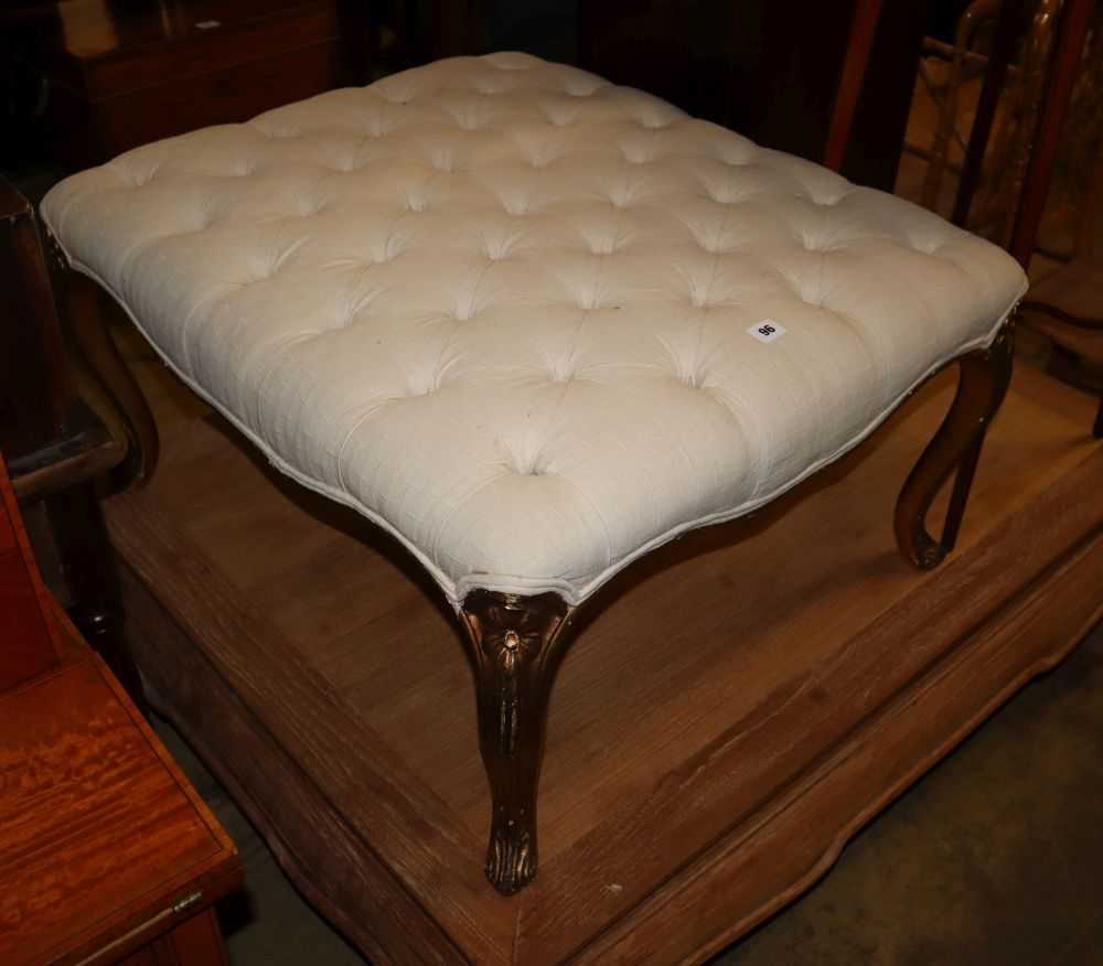 A Victorian style giltwood boudoir stool, the buttoned top over cabriole legs, W.80cm, D.70cm, H.40cm